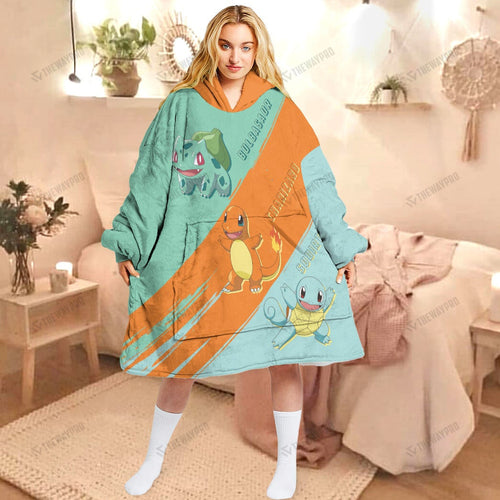 Anime Pkm Starter Custom Fleece Blanket Hoodie Adult / Free Size