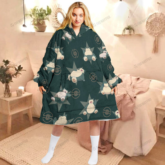 Anime Pkm Snorlax Custom Fleece Blanket Hoodie Adult / Free Size