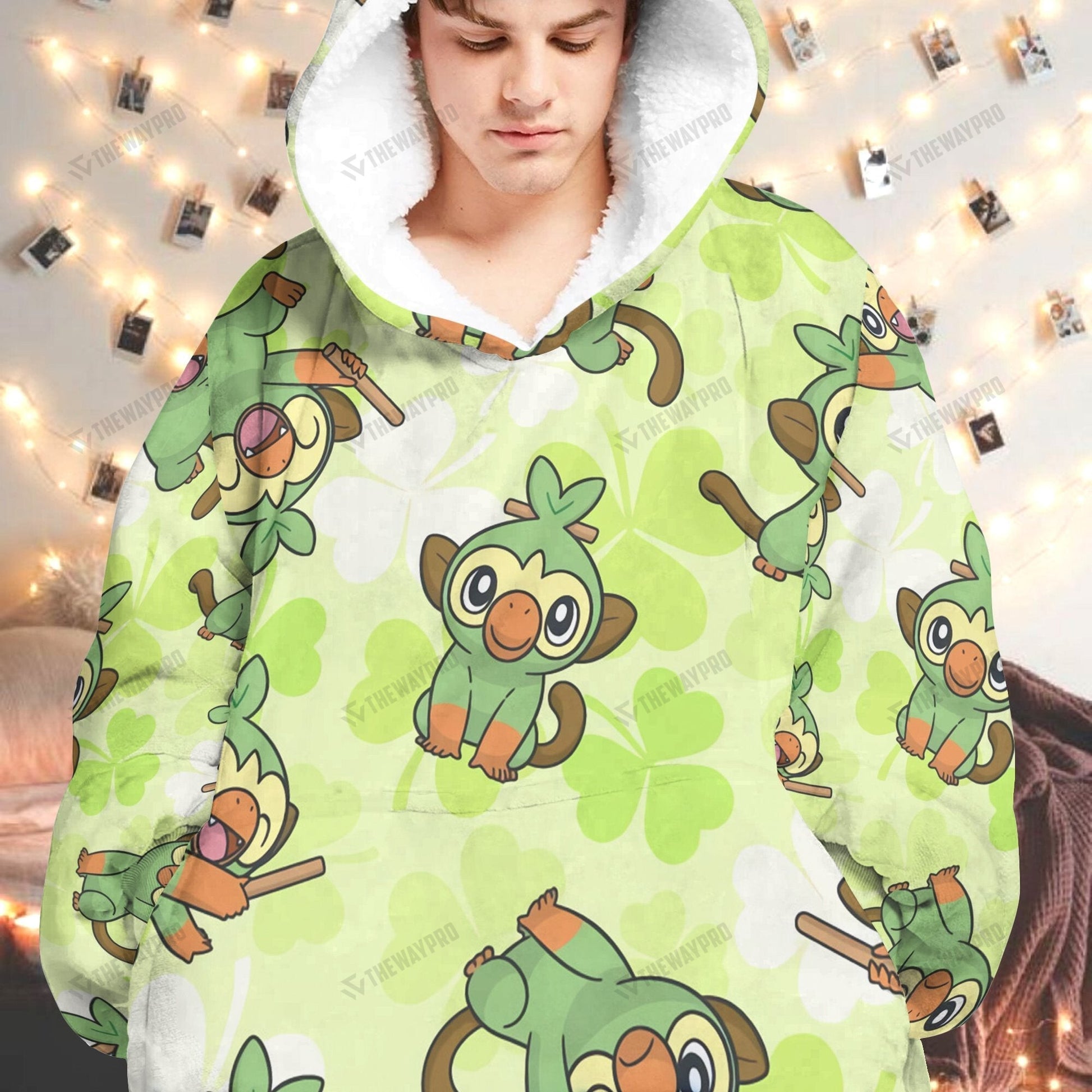Anime Pkm Grookey Custom Fleece Blanket Hoodie