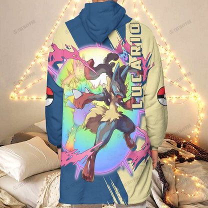 Anime Pkm Lucario Custom Fleece Blanket Hoodie