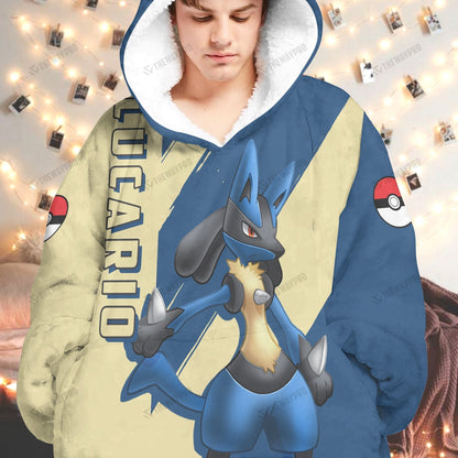 Anime Pkm Lucario Custom Fleece Blanket Hoodie