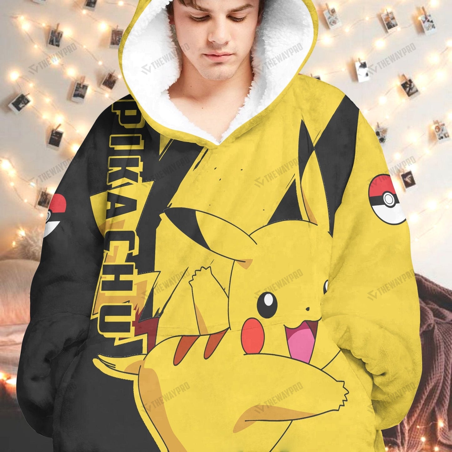 Anime Pkm Pikachu Custom Fleece Blanket Hoodie