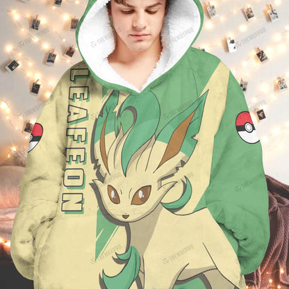 Anime Pkm Leafeon Custom Fleece Blanket Hoodie