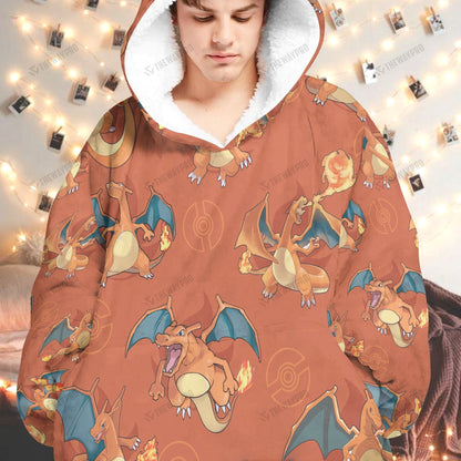 Anime Pkm Charizard Custom Fleece Blanket Hoodie