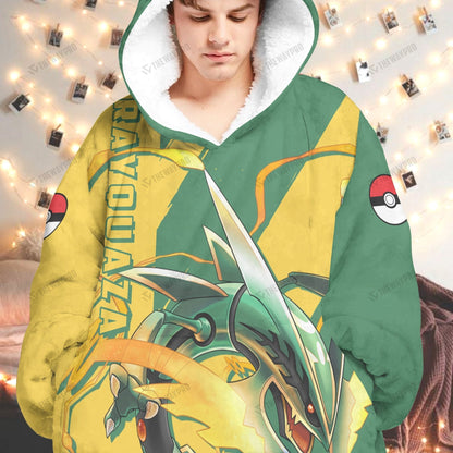 Anime Pkm Rayquaza Custom Fleece Blanket Hoodie