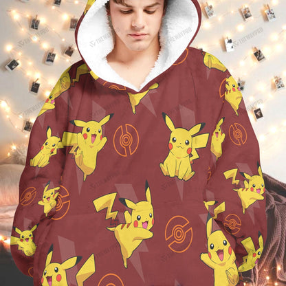Anime Pkm Pikachu Custom Fleece Blanket Hoodie