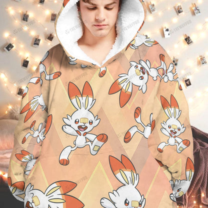 Anime Pkm Scorbunny Custom Fleece Blanket Hoodie