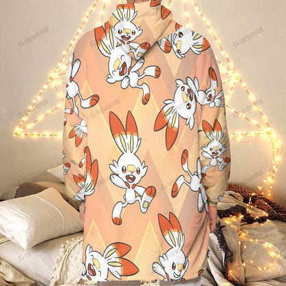 Anime Pkm Scorbunny Custom Fleece Blanket Hoodie