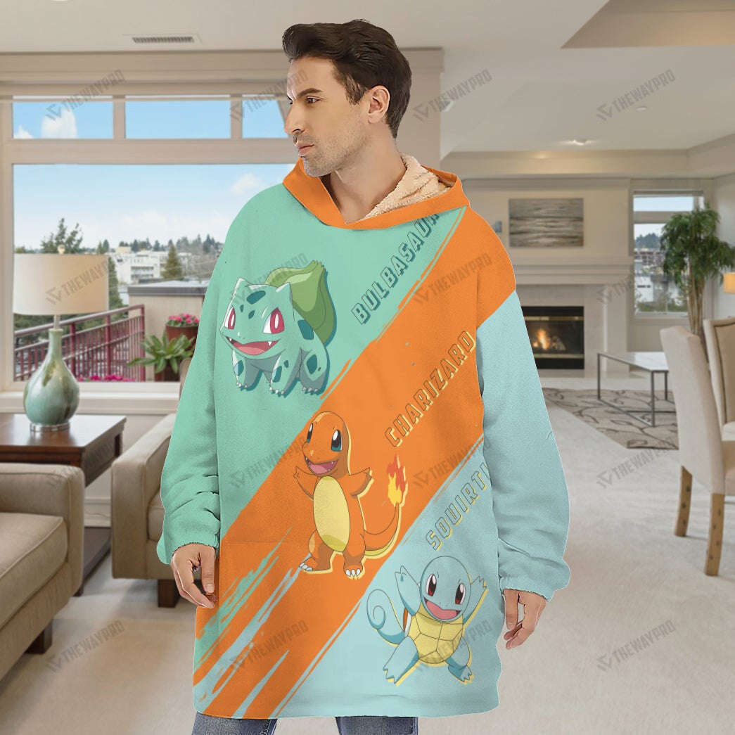 Anime Pkm Starter Custom Fleece Blanket Hoodie