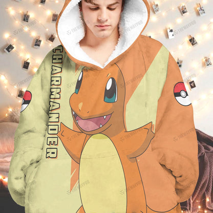 Anime Pkm Charmander Custom Fleece Blanket Hoodie