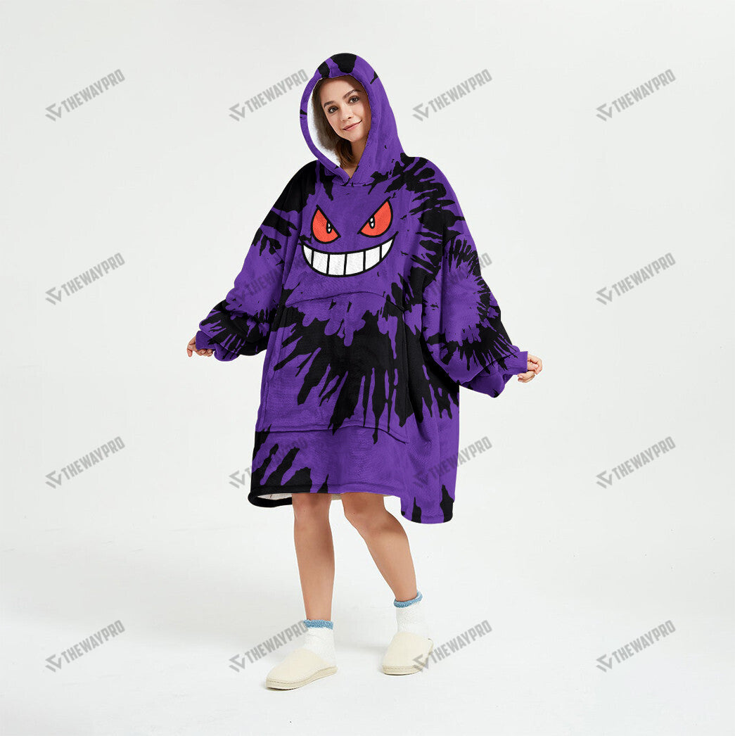 Gengar Tie Dye Face Custom Fleece Blanket Hoodie
