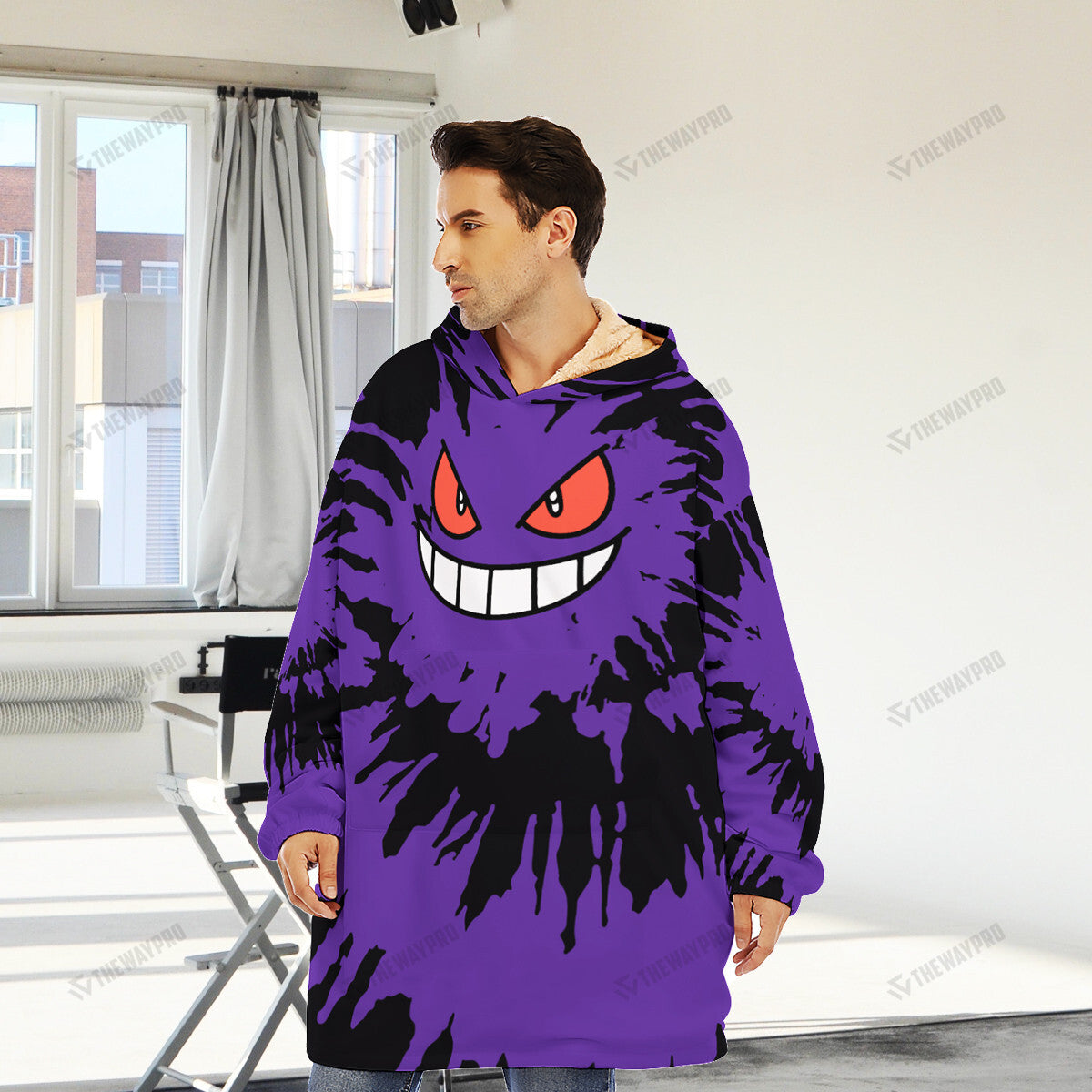 Gengar Tie Dye Face Custom Fleece Blanket Hoodie