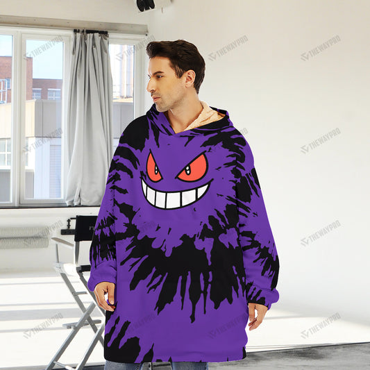 Gengar Tie Dye Face Custom Fleece Blanket Hoodie