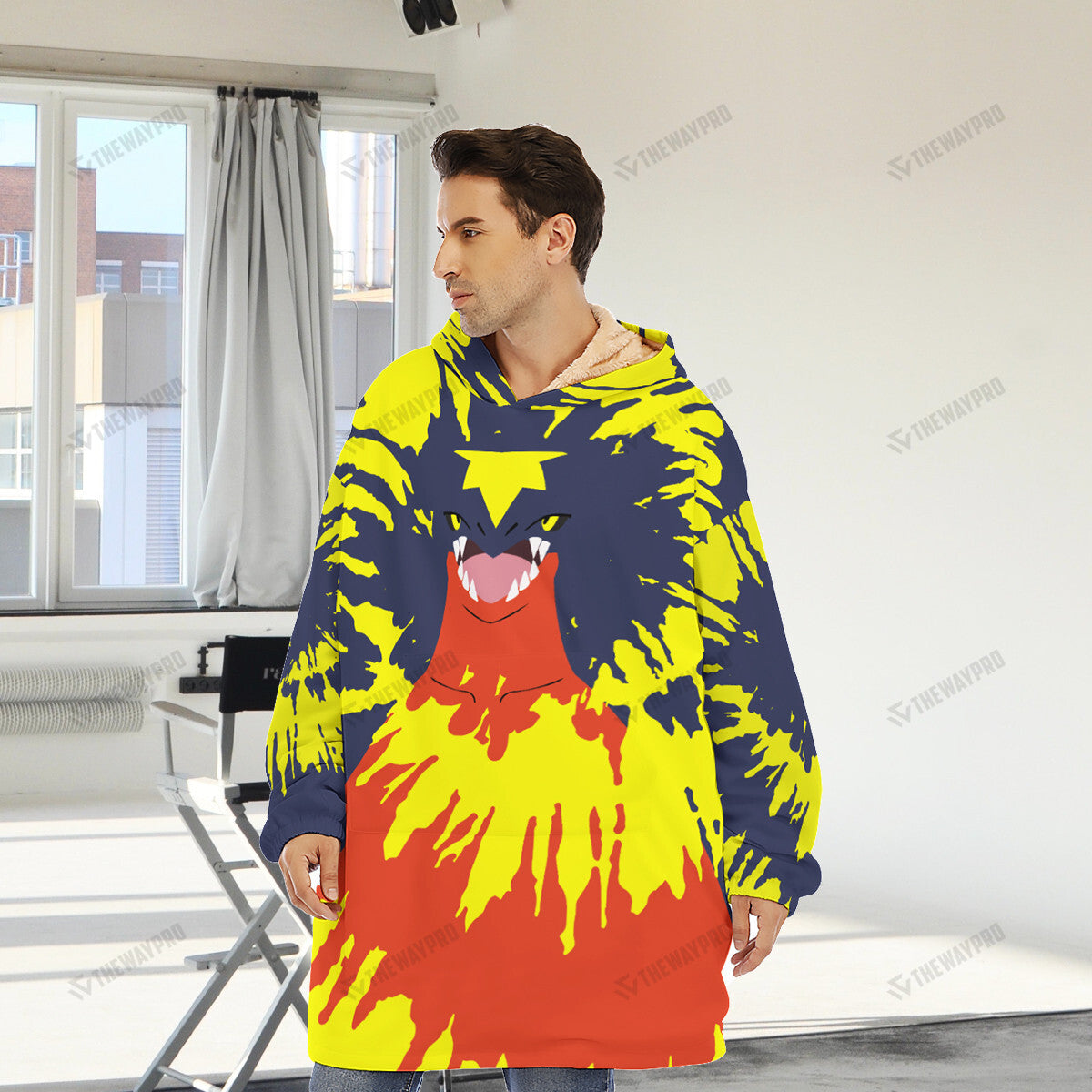 Garchomp Tie Dye Face Custom Fleece Blanket Hoodie