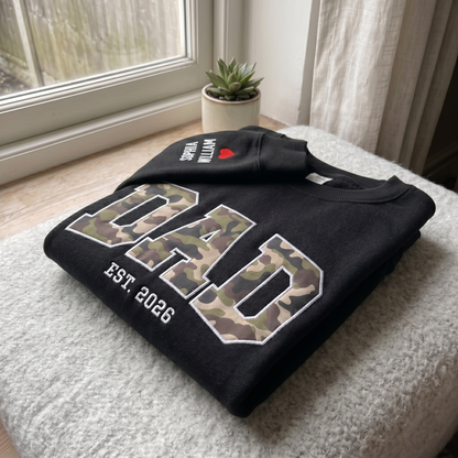 Custom Camo DAD Sweatshirt with Sleeve Embroidery, Personalized Dad Est 2026 Crewneck, Father’s Day Gift