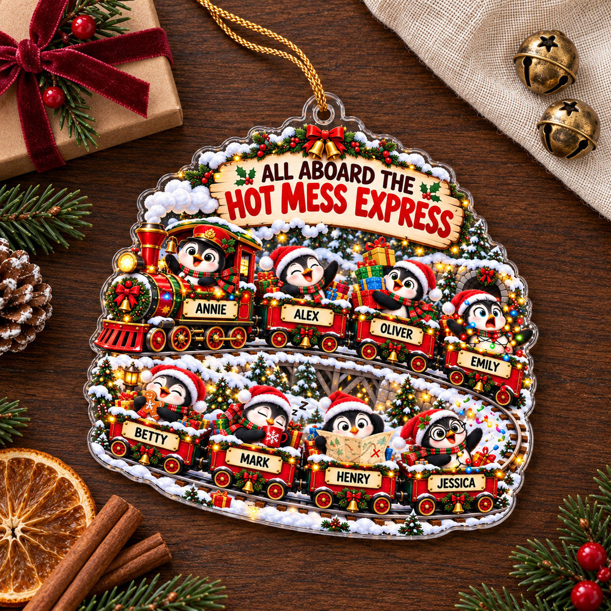 Personalized Penguin Christmas Ornament, Hot Mess Express Train, Custom Names Acrylic Family Gift