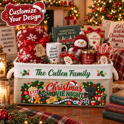 Personalized Family Christmas Movie Night Basket, Custom Family Name Storage Bin with Rope Handles