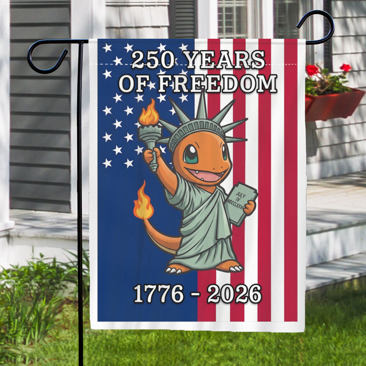 Charmander 250 Years of Freedom 1776–2026 Patriotic Printed Garden Flag