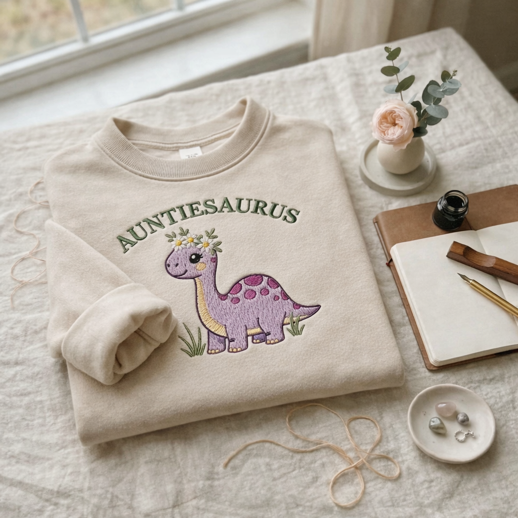 Embroidered Mother's Day Auntiesaurus Custom Text With Name On Sleeve Quarter-Zip Sweatshirt, Hoodie Sweatshirt T-Shirt