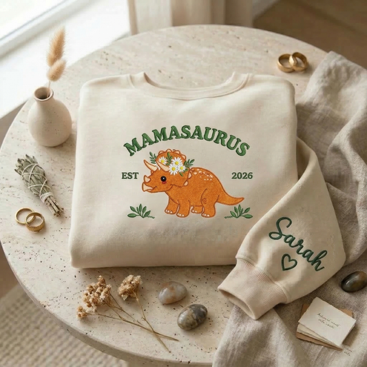 Embroidered Mother's Day Mamasaurus Custom Text With Name On Sleeve Quarter-Zip Sweatshirt, Hoodie Sweatshirt T-Shirt