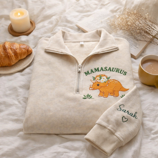 Embroidered Mother's Day Mamasaurus Text With Kid's Names On Sleeve Quarter-Zip Sweatshirt, Hoodie Sweatshirt T-Shirt