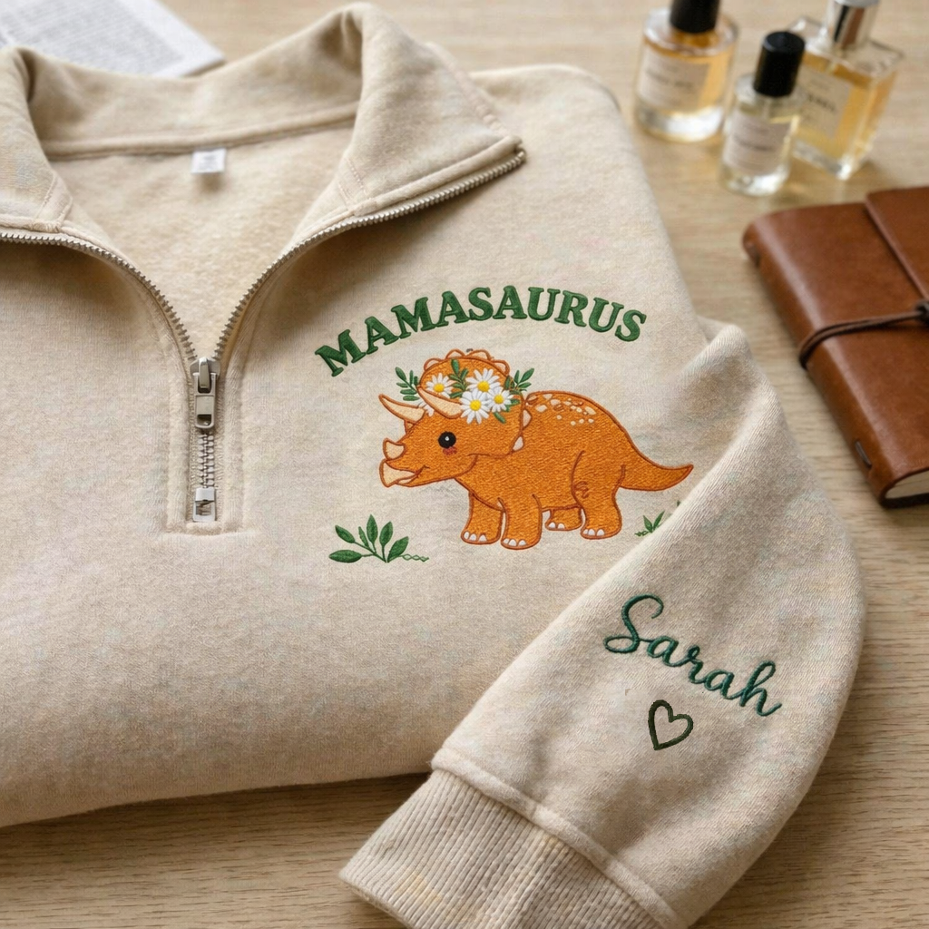 Embroidered Mother's Day Mamasaurus Text With Kid's Names On Sleeve Quarter-Zip Sweatshirt, Hoodie Sweatshirt T-Shirt