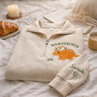 Embroidered Mother's Day Mamasaurus Text With Kid's Names On Sleeve Quarter-Zip Sweatshirt, Hoodie Sweatshirt T-Shirt