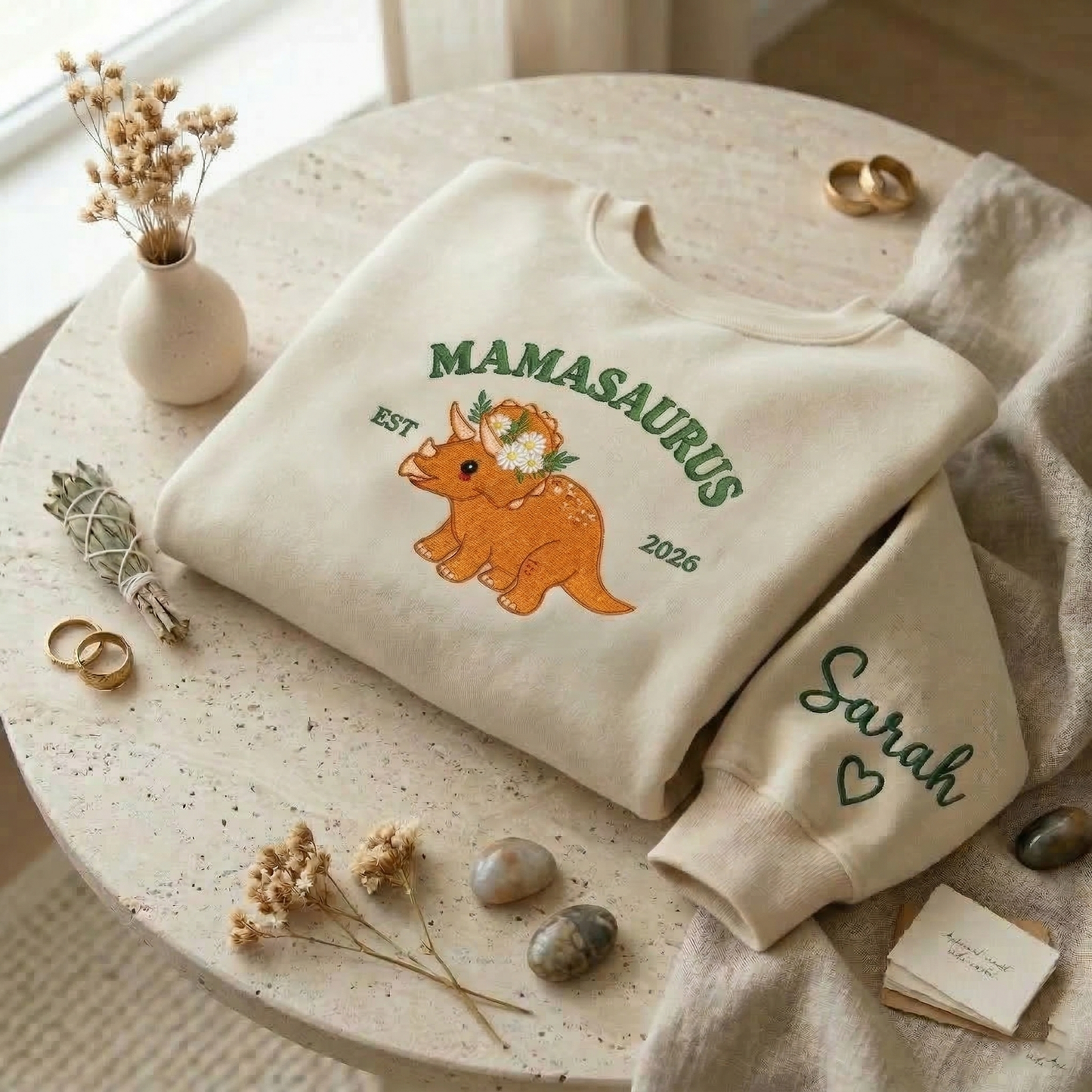 Embroidered Mother's Day Mamasaurus Custom Text With Name On Sleeve Quarter-Zip Sweatshirt, Hoodie Sweatshirt T-Shirt
