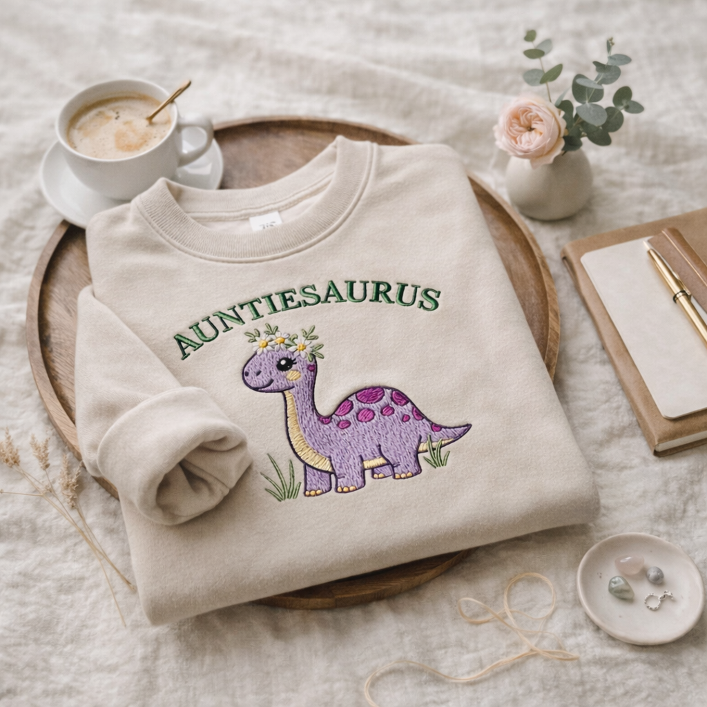 Embroidered Mother's Day Auntiesaurus Custom Text With Name On Sleeve Quarter-Zip Sweatshirt, Hoodie Sweatshirt T-Shirt