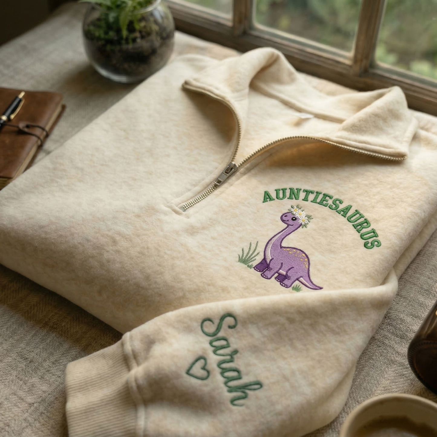 Embroidered Mother's Day Auntiesaurus Text With Name On Sleeve Quarter-Zip Sweatshirt, Hoodie Sweatshirt T-Shirt