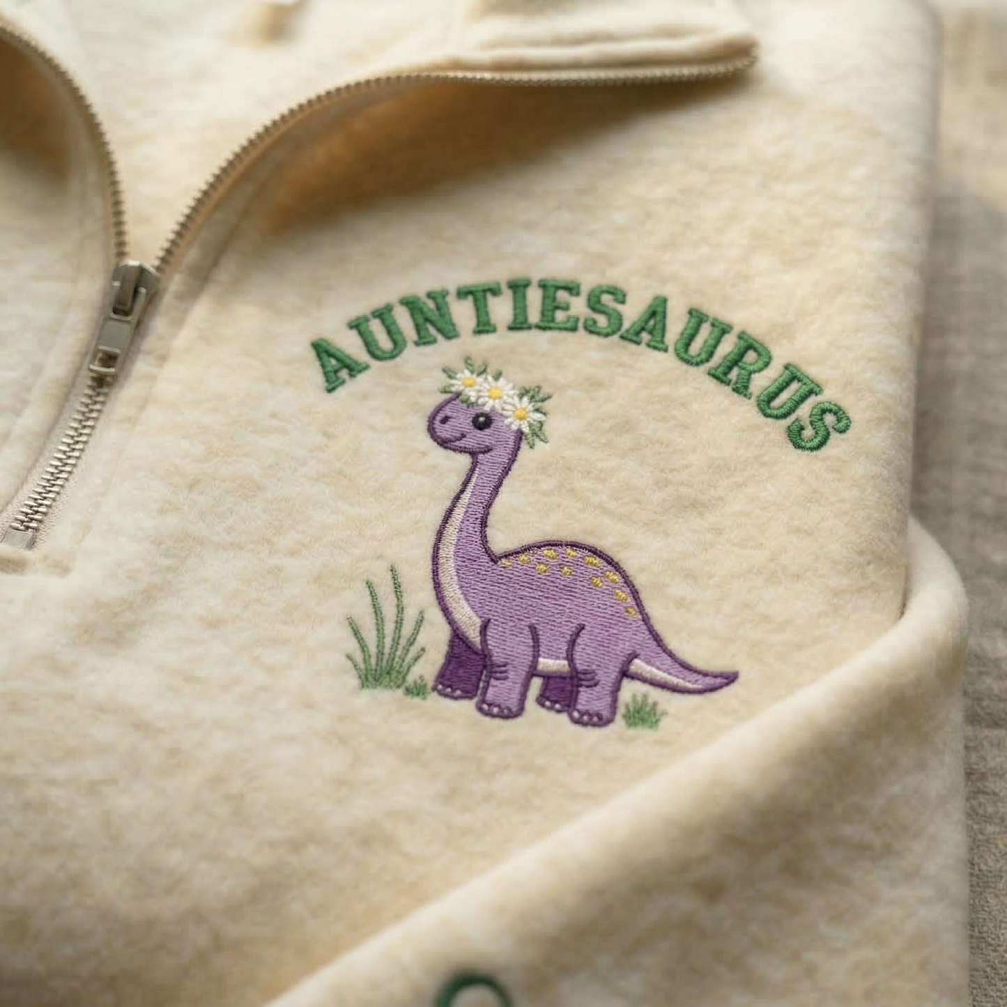 Embroidered Mother's Day Auntiesaurus Text With Name On Sleeve Quarter-Zip Sweatshirt, Hoodie Sweatshirt T-Shirt