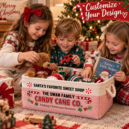 Personalized Family Candy Cane Christmas Storage Basket, Custom Storage Bin with Rope Handles