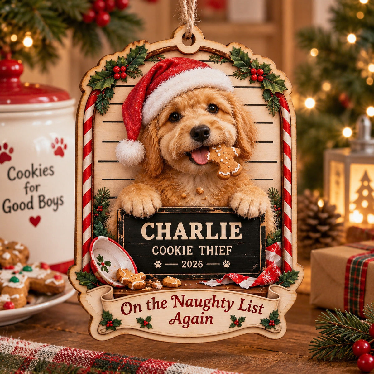 Personalized Custom Dog Photo Cookie Thief Acrylic Ornament – Custom Name Holiday Gift