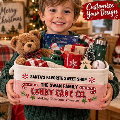 Personalized Family Candy Cane Christmas Storage Basket, Custom Storage Bin with Rope Handles