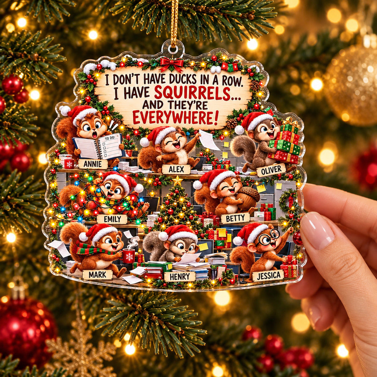 Personalized Squirrel Christmas Ornament, Custom Team Names, Funny Acrylic Coworker Gift