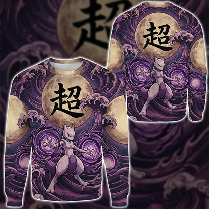 Anime PKM Mewtwo Japanese Kanji Aesthetic All Over Printed Sweatshirt Hoodie Zip Hoodie T-Shirt