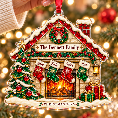 Personalized Family Fireplace Acrylic & Glass Ornament, Custom Name Christmas Stockings