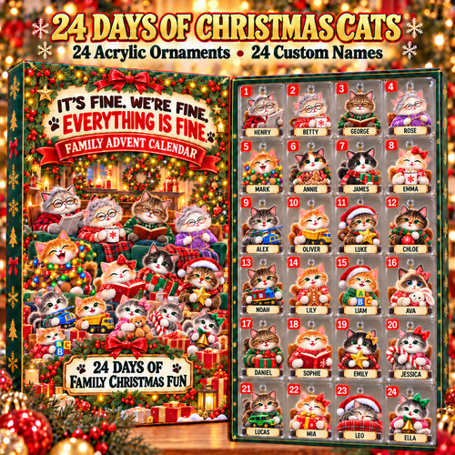 Personalized Cat Family Advent Calendar, 24 Acrylic Ornaments with Custom Names, Christmas Countdown Gift