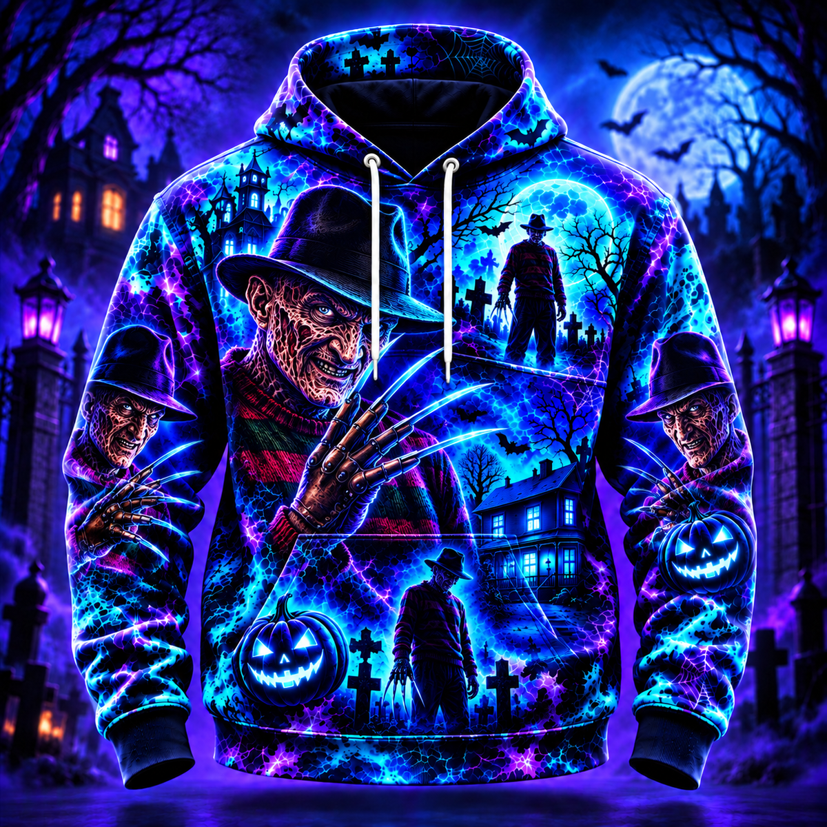 Halloween Neon Freddy AOP T-Shirt Sweatshirt Hoodie
