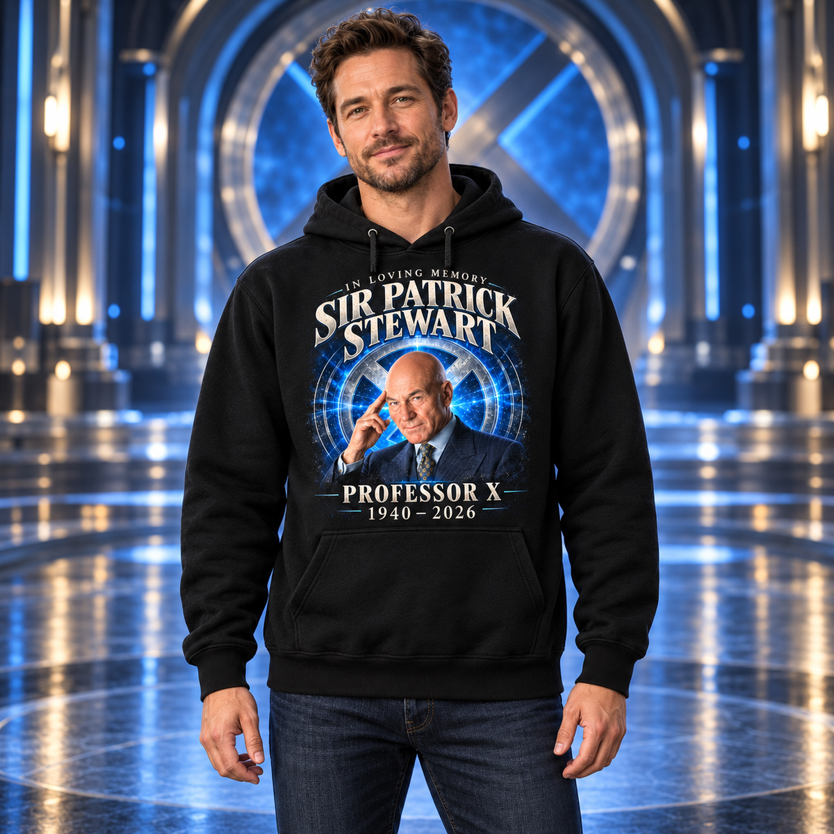 Professor X Tribute Hoodie, Black Graphic Pullover
