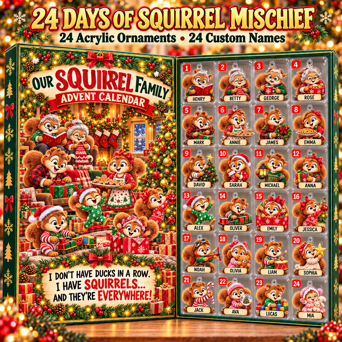 Personalized Squirrel Family Advent Calendar – 24 Acrylic Christmas Ornaments with Custom Names