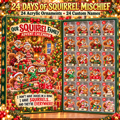 Personalized Squirrel Family Advent Calendar – 24 Acrylic Christmas Ornaments with Custom Names