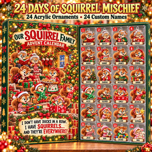 Personalized Squirrel Family Advent Calendar – 24 Acrylic Christmas Ornaments with Custom Names