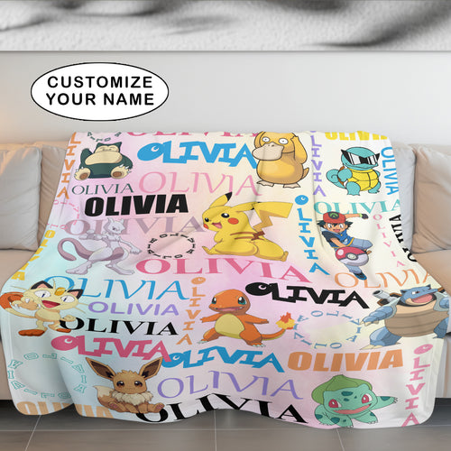 Anime PKM Personalized Watercolor, Birthday Gifts for Kids, Custom Name Blanket