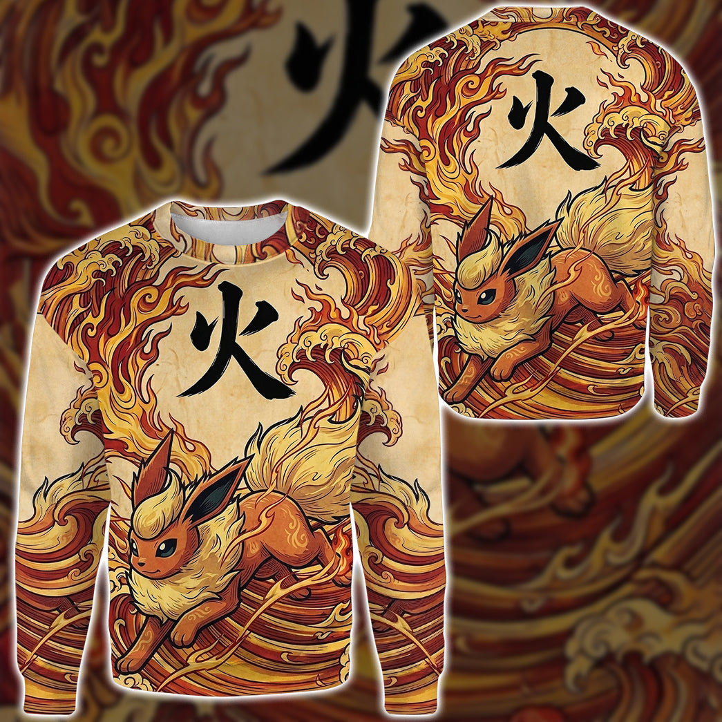 Anime PKM Flareon Japanese Kanji Aesthetic All Over Printed Sweatshirt Hoodie Zip Hoodie T-Shirt