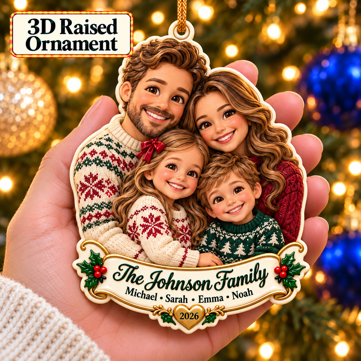 Personalized 3D Raised Acrylic Family Photo Custom Name Ornament