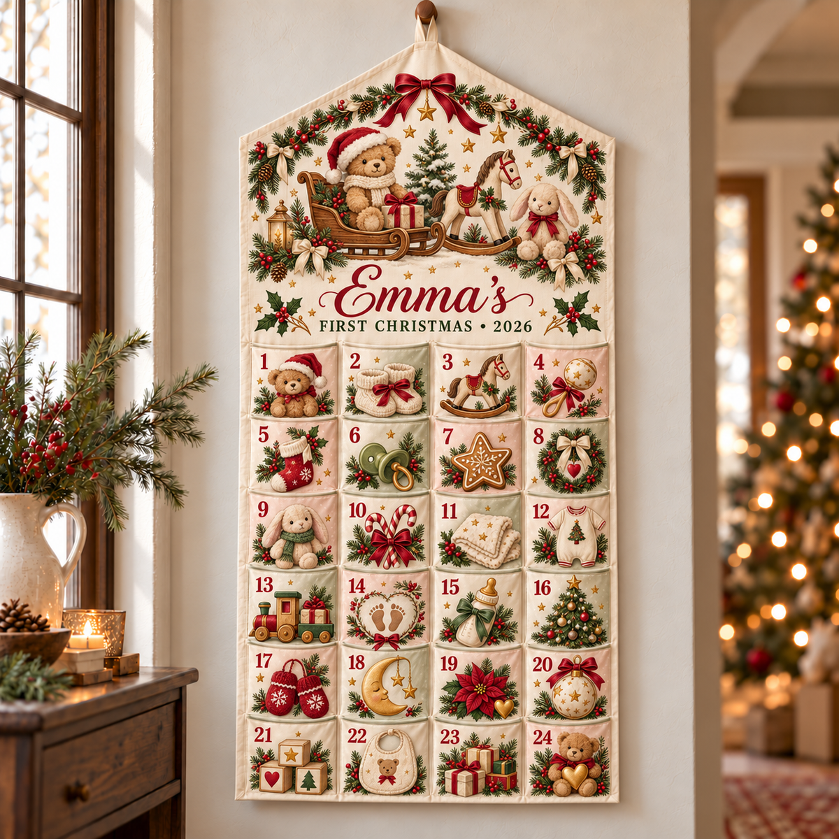 Personalized Baby’s First Christmas Advent Calendar, 24 Pocket Fabric Wall Hanging, Custom Name and Year