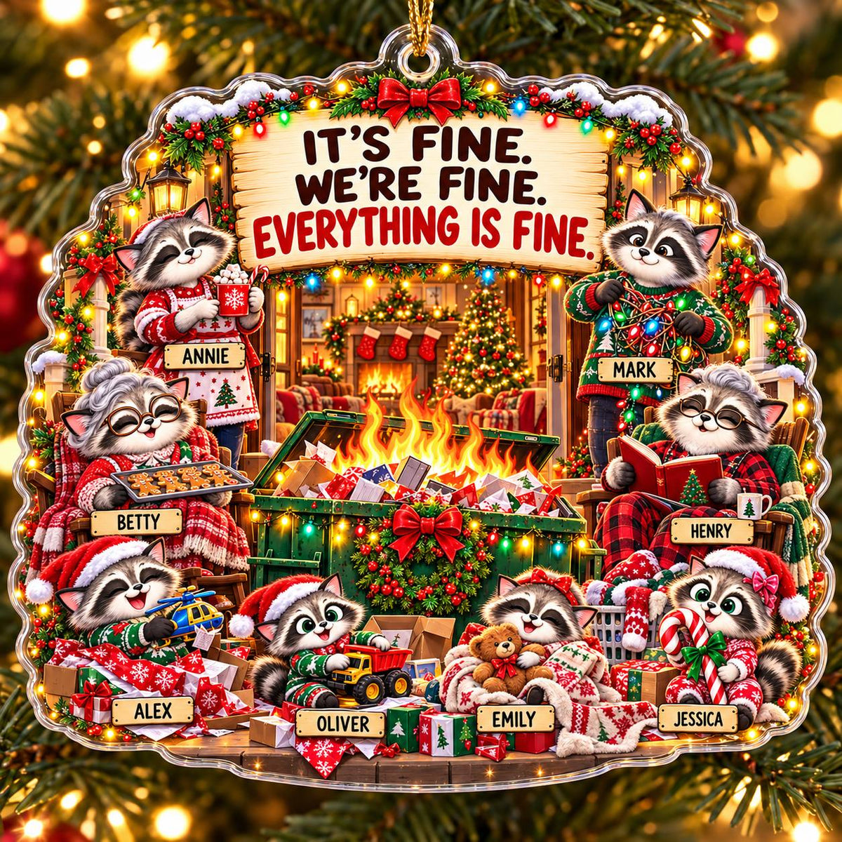 Personalized Raccoon Family Christmas Ornament – “It’s Fine, We’re Fine” – Custom Names