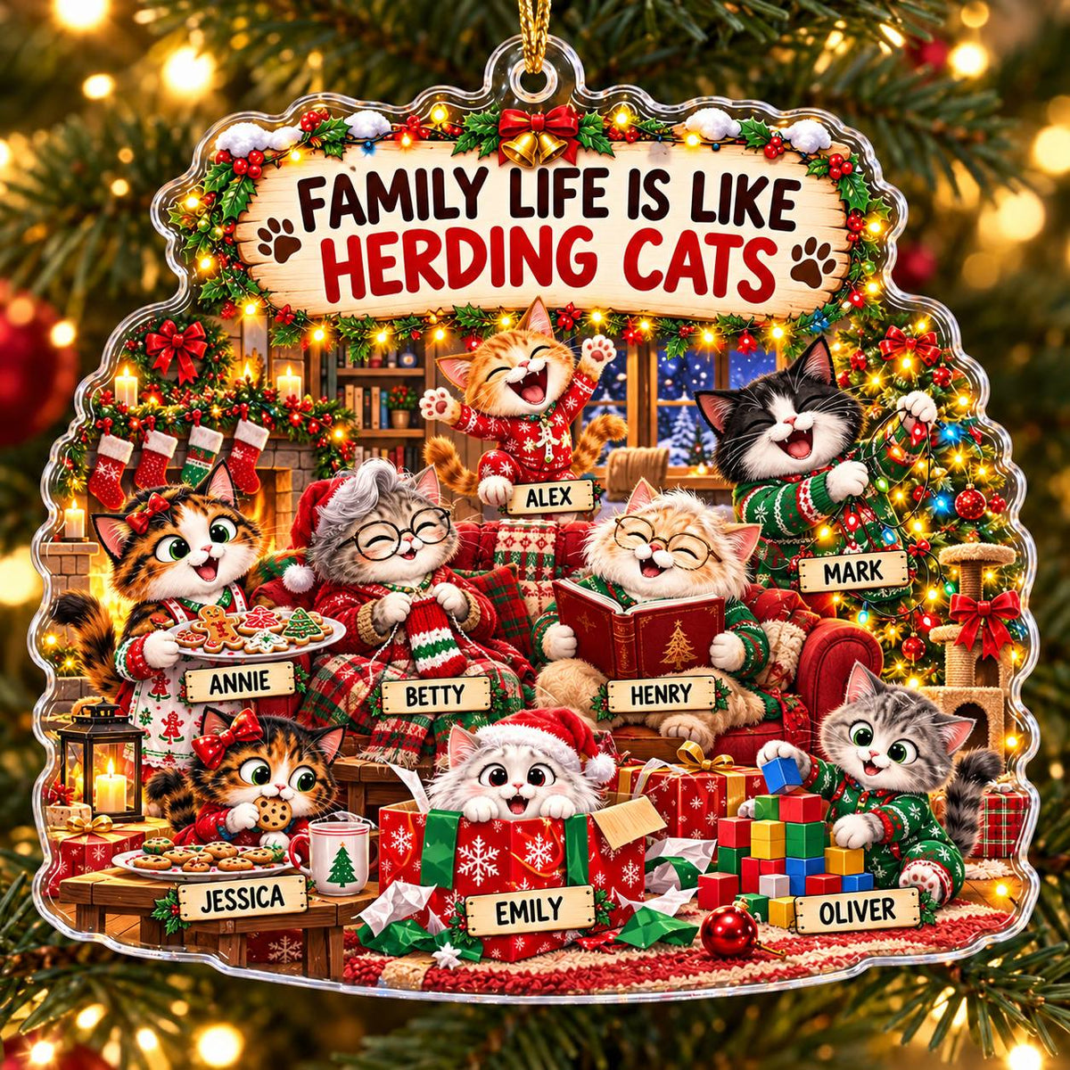 Personalized Cat Family Christmas Ornament, Custom Names Acrylic Keepsake, Funny Herding Cats Gift