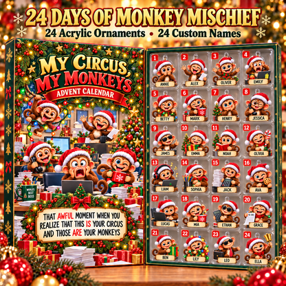 Personalized Monkey Advent Calendar, 24 Acrylic Ornaments with Custom Names, Funny Office Christmas Gift